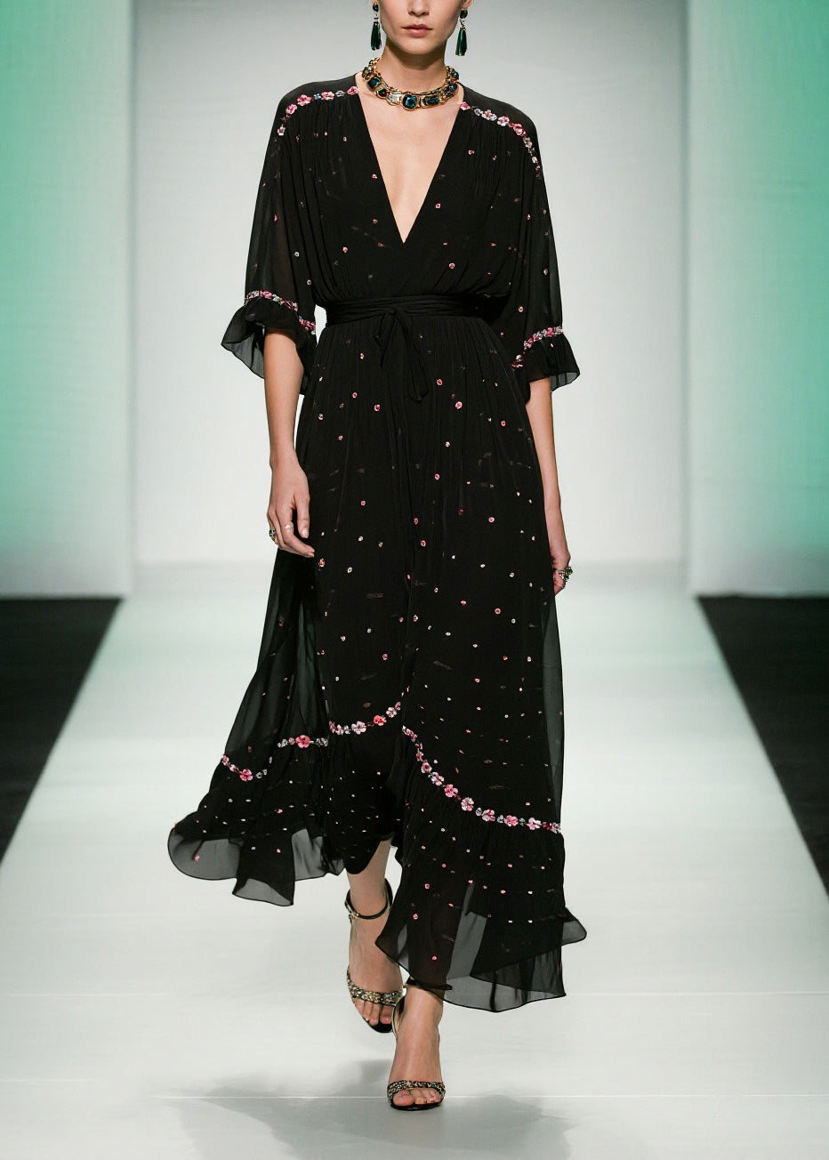 Fitted Black V Neck Print Tulle Long Dresses Summer