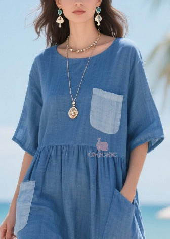 Fitted Blue Asymmetrical Patchwork Pockets Cotton Maxi Dresses Summer