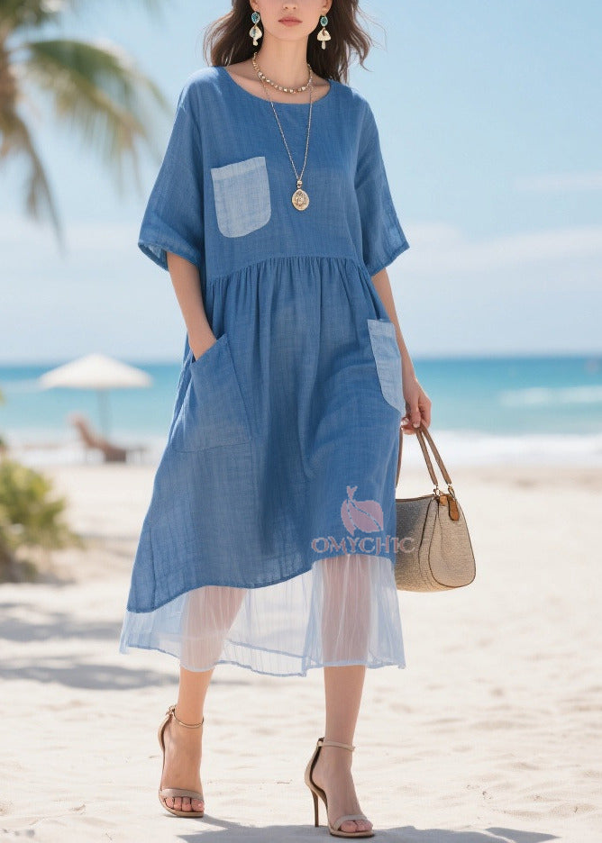 Fitted Blue Asymmetrical Patchwork Pockets Cotton Maxi Dresses Summer