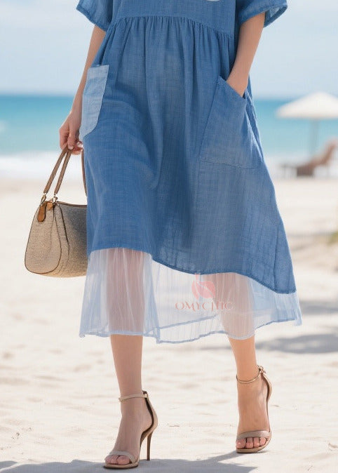 Fitted Blue Asymmetrical Patchwork Pockets Cotton Maxi Dresses Summer