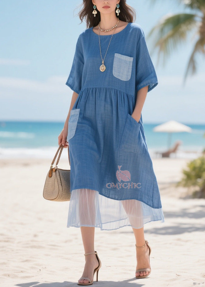 Fitted Blue Asymmetrical Patchwork Pockets Cotton Maxi Dresses Summer