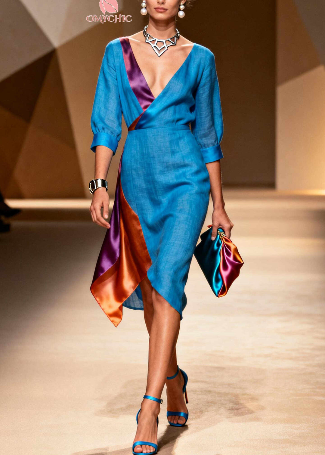 Fitted Blue Asymmetrical Patchwork Tie Dye Linen Dresses Summer