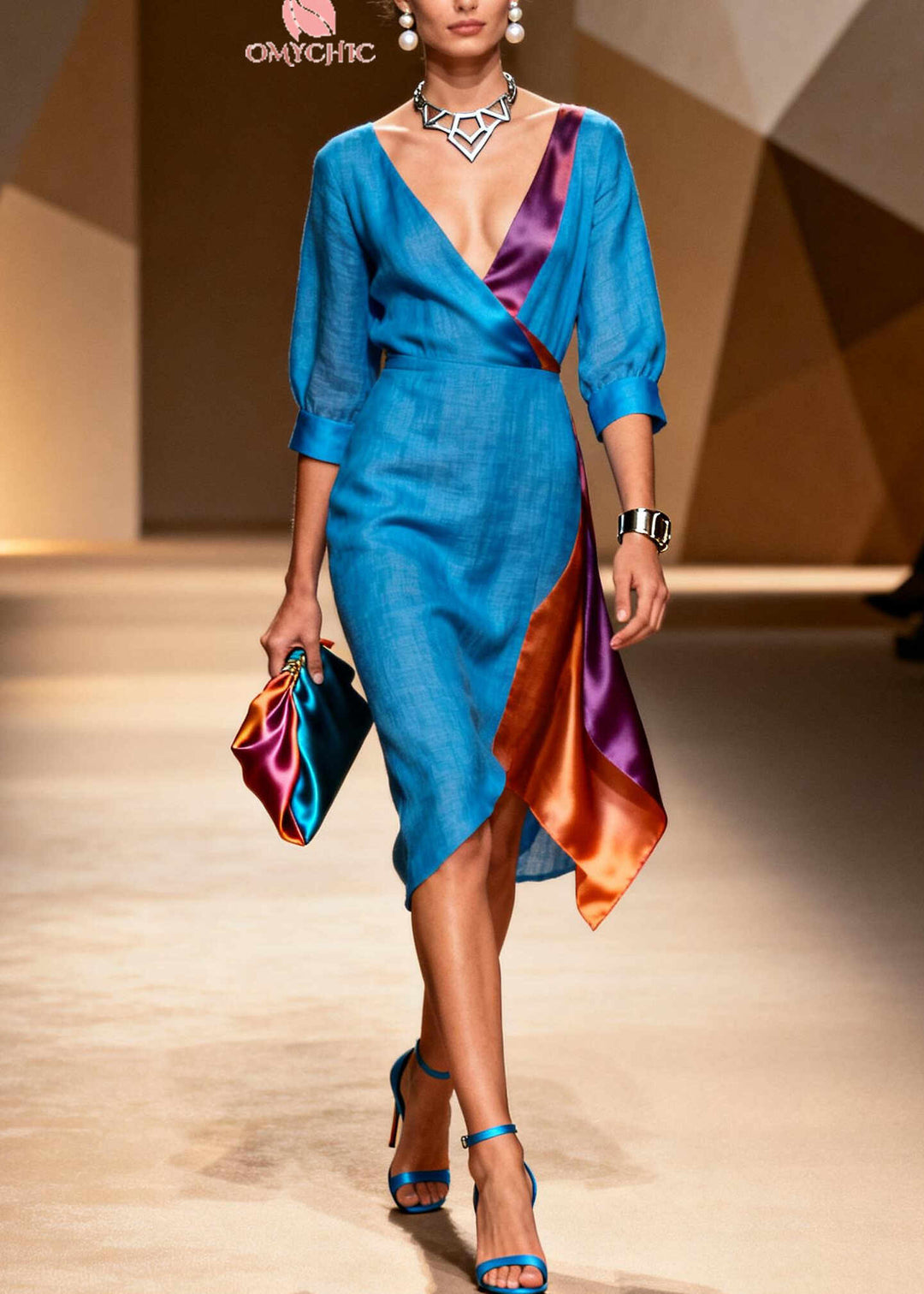 Fitted Blue Asymmetrical Patchwork Tie Dye Linen Dresses Summer