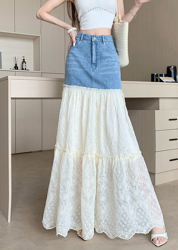 Fitted Blue Embroidered Patchwork Denim Skirts Fall