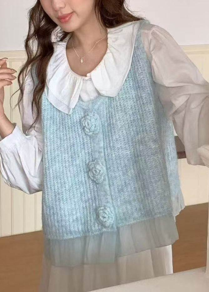 Fitted Blue Floral Patchwork Tulle Knit Vests Spring
