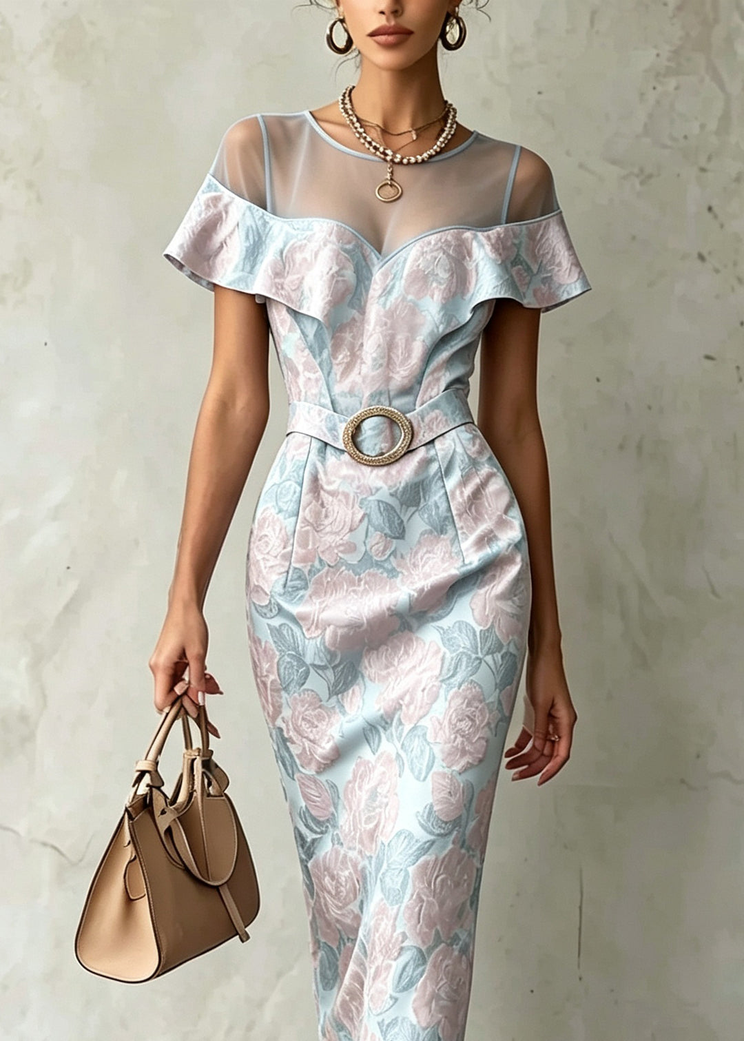 Fitted Blue Jacquard Tulle Patchwork Cotton Dress Summer