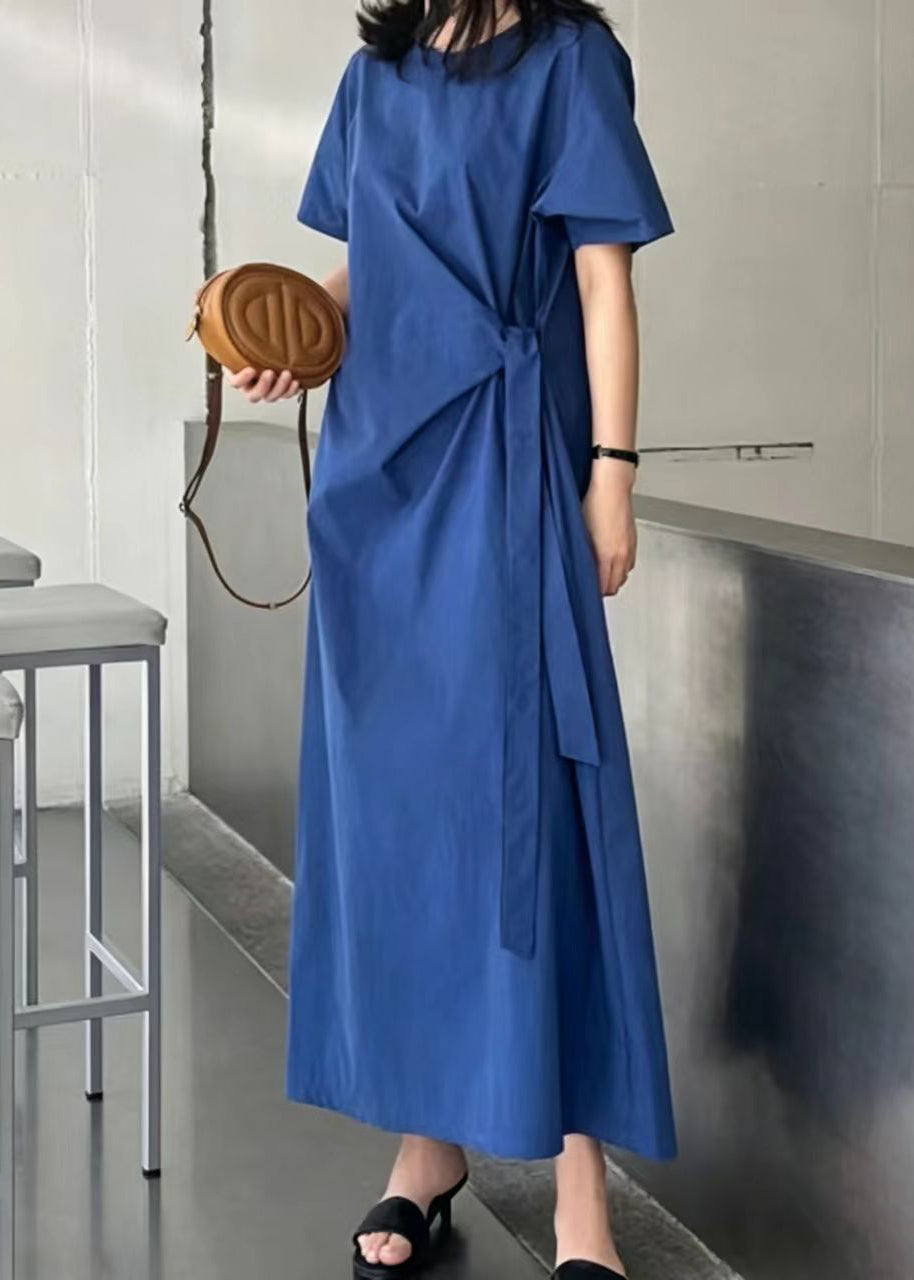 Fitted Blue O-Neck Lace Up Cotton Maxi Dress Summer