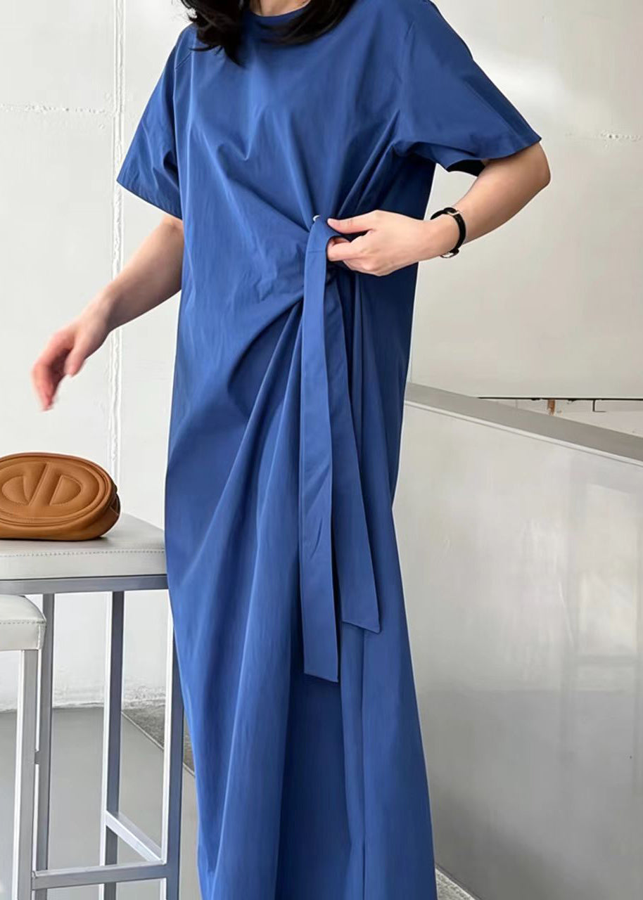 Fitted Blue O-Neck Lace Up Cotton Maxi Dress Summer