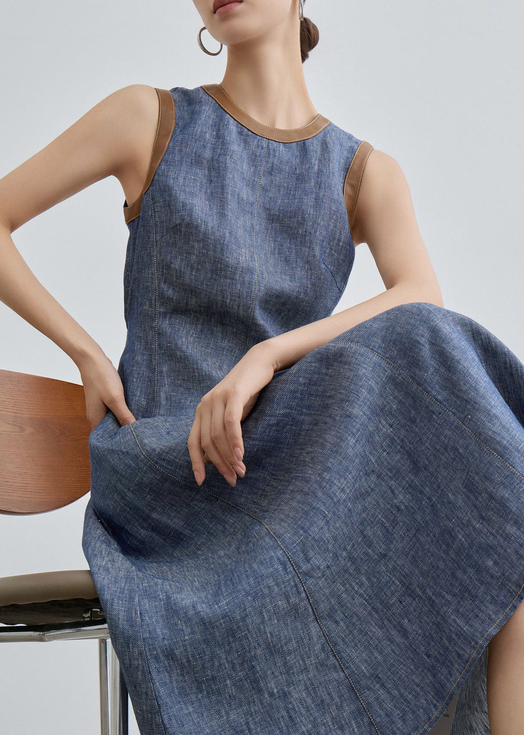 Fitted Blue O Neck Patchwork Denim Long Dress Sleeveless