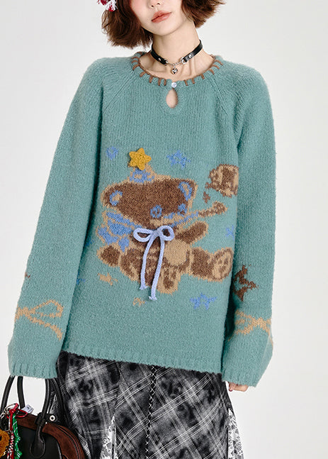 Fitted Blue Oversized Cute Bear Knit Sweater Tops Winter