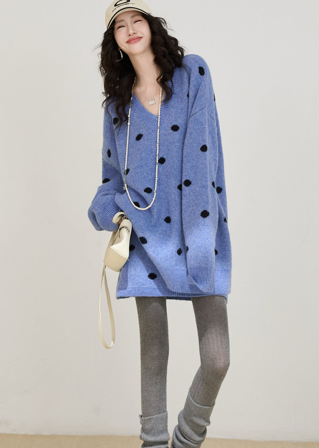 Fitted Blue Oversized Dot Knit Two Pieces Set Winter