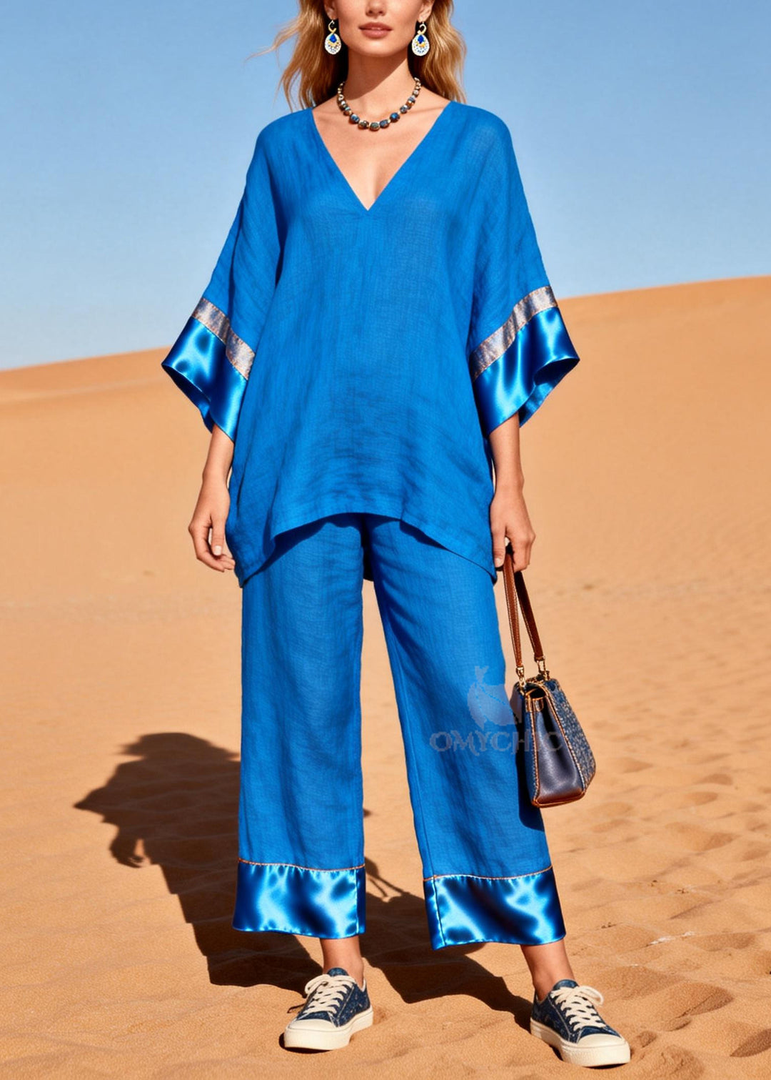 Fitted Blue Oversized Patchwork Silk Cotton Two Piece Set Women Clothing