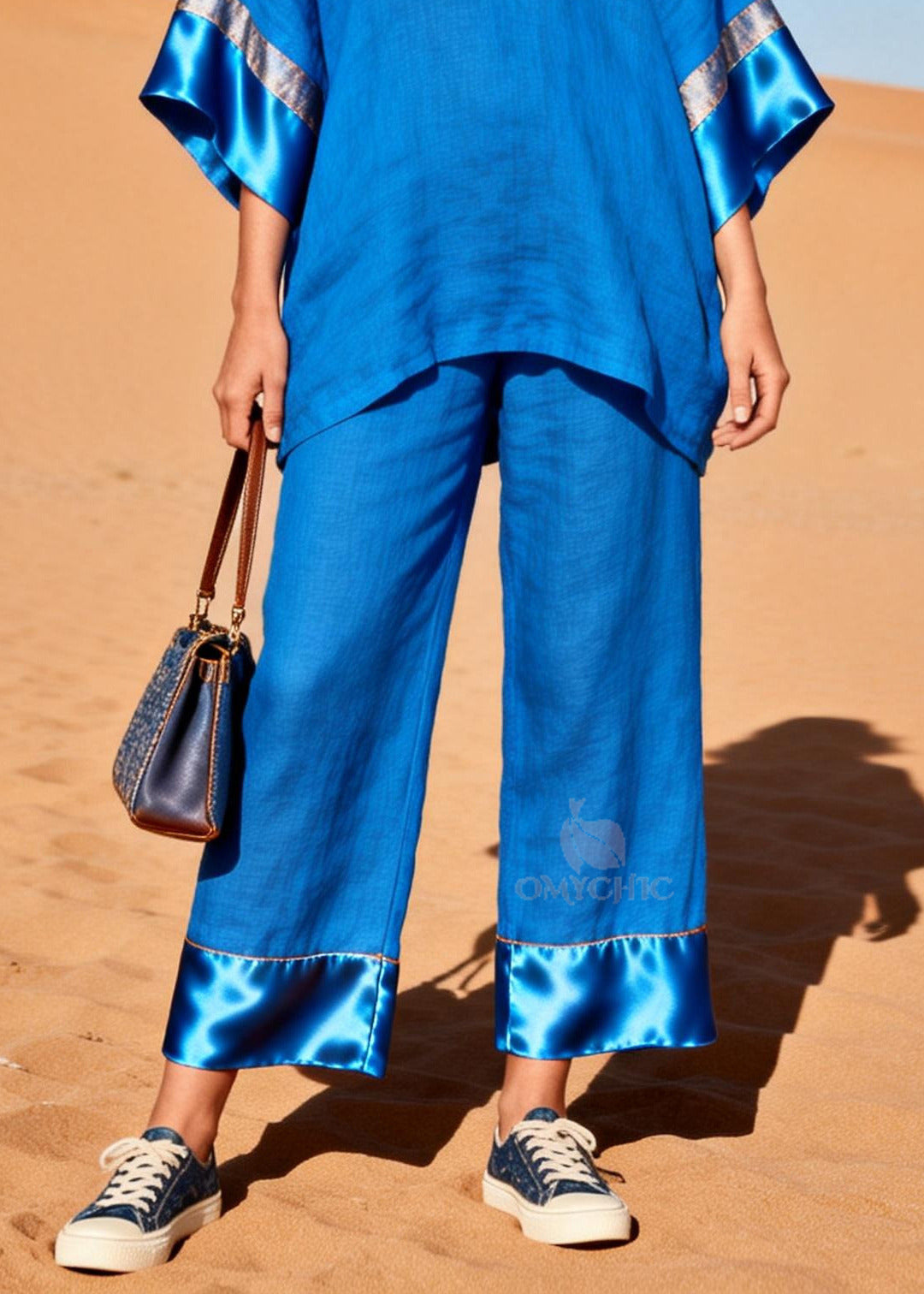 Fitted Blue Oversized Patchwork Silk Cotton Two Piece Set Women Clothing