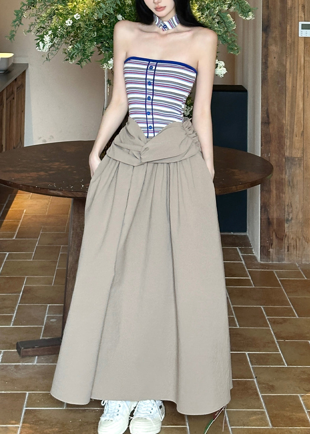Fitted Blue Striped False Two Pieces Patchwork Cotton Dresses Summer