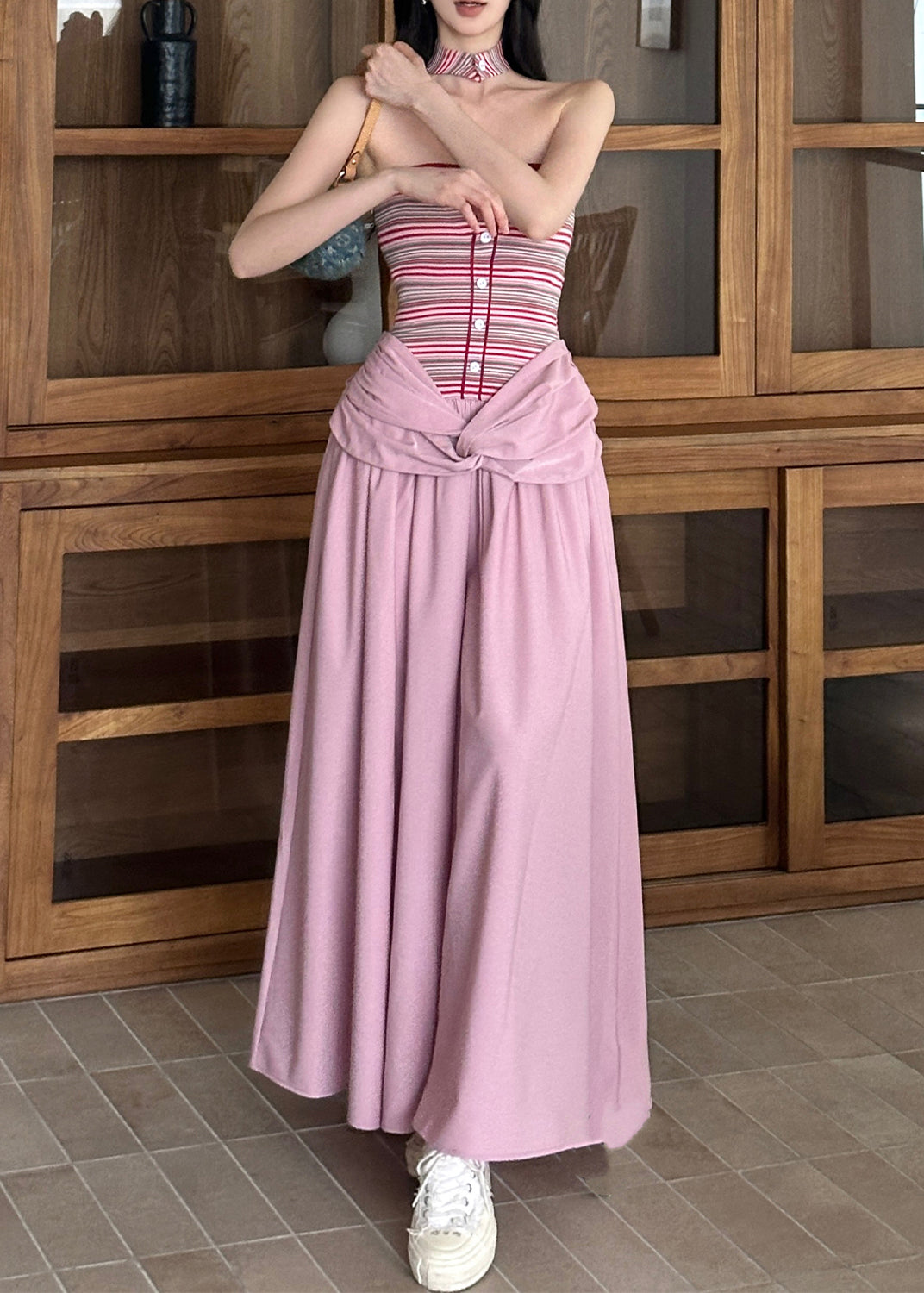 Fitted Blue Striped False Two Pieces Patchwork Cotton Dresses Summer