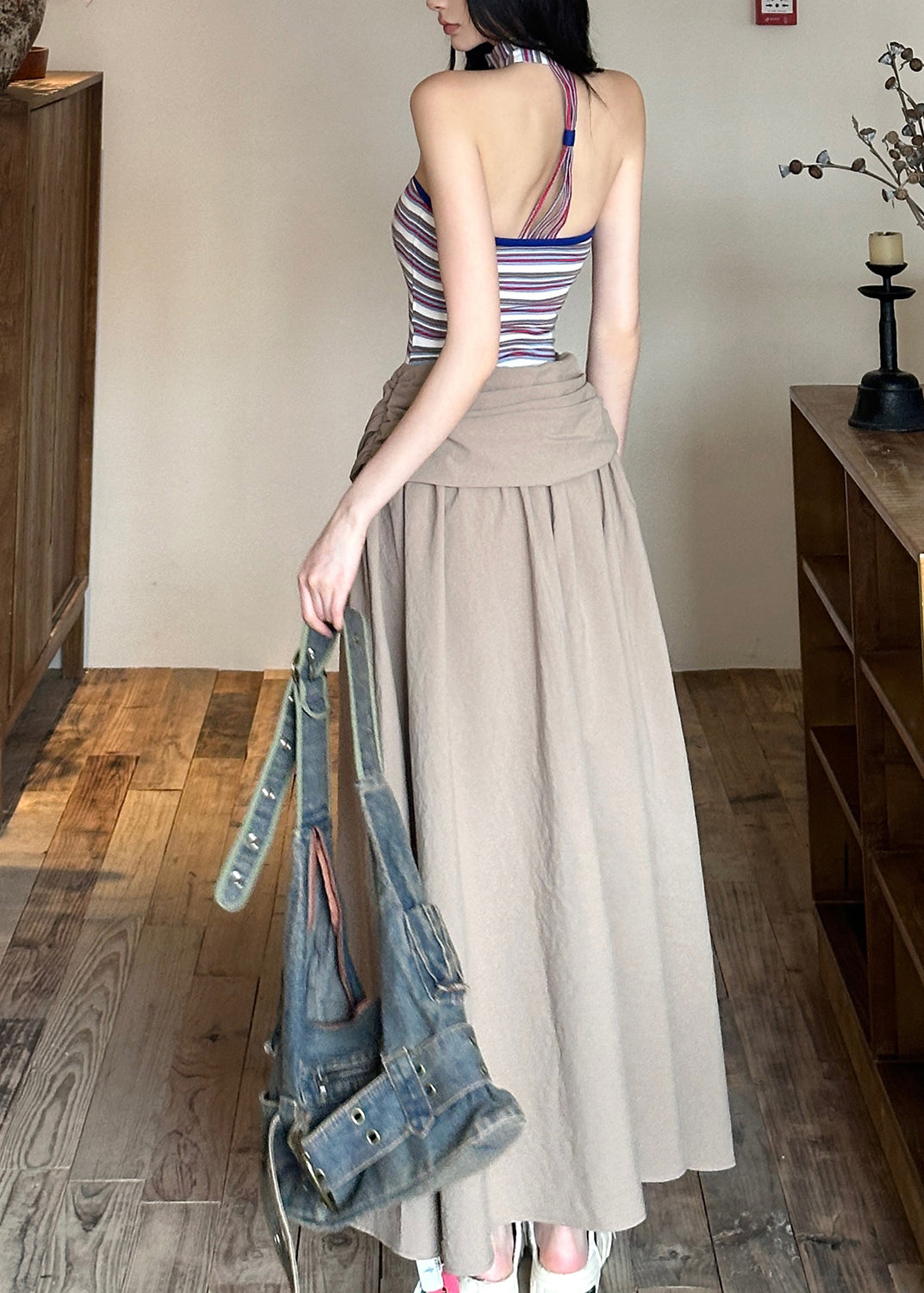 Fitted Blue Striped False Two Pieces Patchwork Cotton Dresses Summer