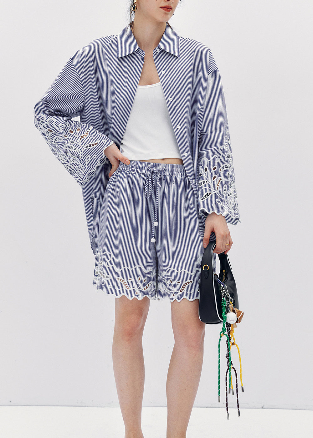 Fitted Blue Striped Hollow Out Embroidered Cotton Two Pieces Set Summer