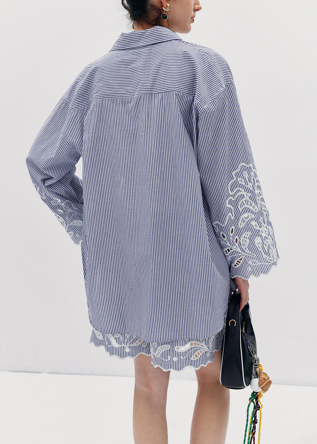 Fitted Blue Striped Hollow Out Embroidered Cotton Two Pieces Set Summer