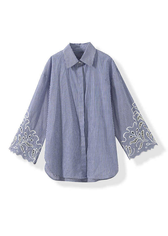 Fitted Blue Striped Hollow Out Embroidered Cotton Two Pieces Set Summer