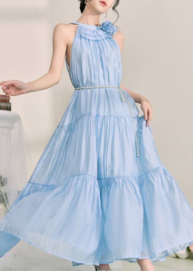 Fitted Blue Wrinkled Patchwork Tie Waist Maxi Dress Summer