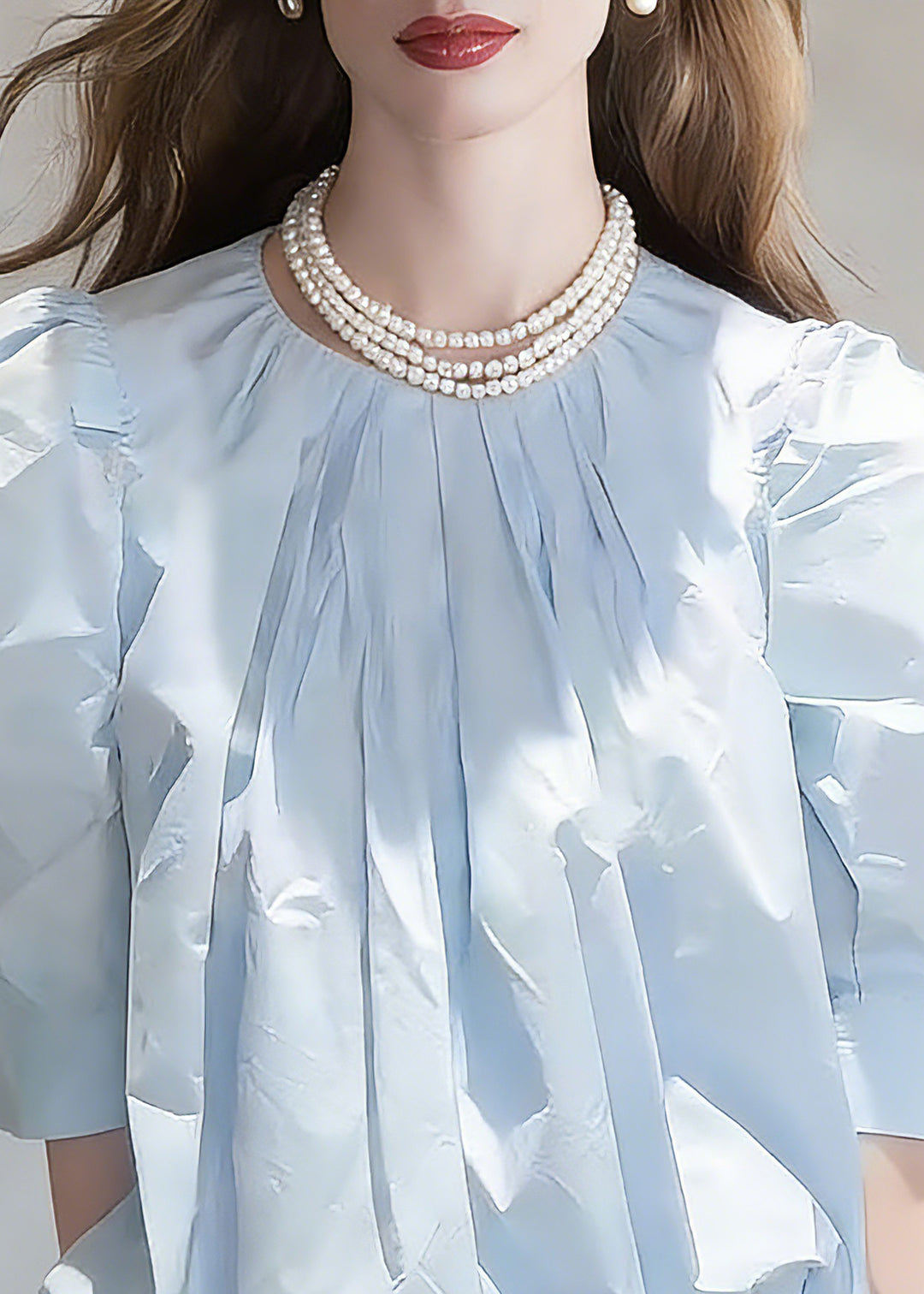 Fitted Blue Wrinkled Solid Top Short Sleeve