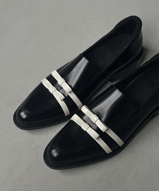 Fitted Bow Splicing Chunky Black Cowhide Leather Pointed Toe