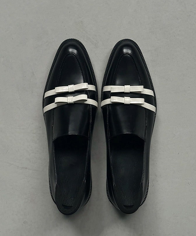 Fitted Bow Splicing Chunky Black Cowhide Leather Pointed Toe