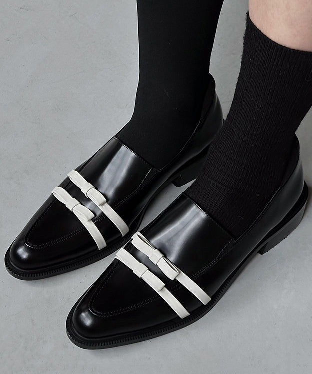 Fitted Bow Splicing Chunky Black Cowhide Leather Pointed Toe