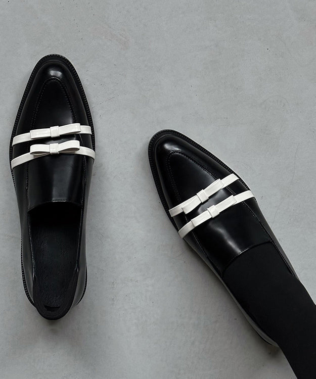 Fitted Bow Splicing Chunky Black Cowhide Leather Pointed Toe