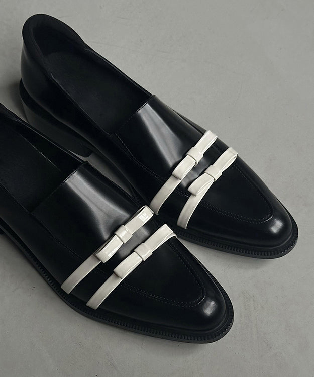 Fitted Bow Splicing Chunky Black Cowhide Leather Pointed Toe