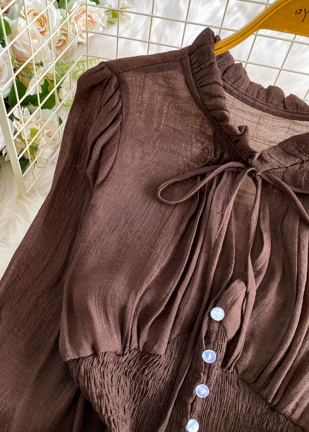 Fitted Brown Elastic Waist Wrinkled Cotton Blouses Summer