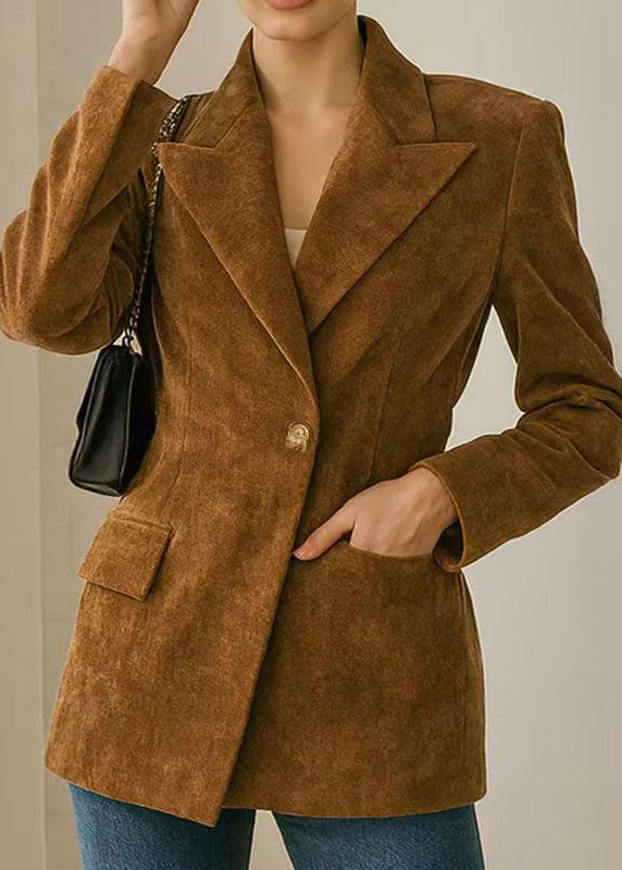 Fitted Brown Peter Pan Collar Button Cotton Suit Coat Fall