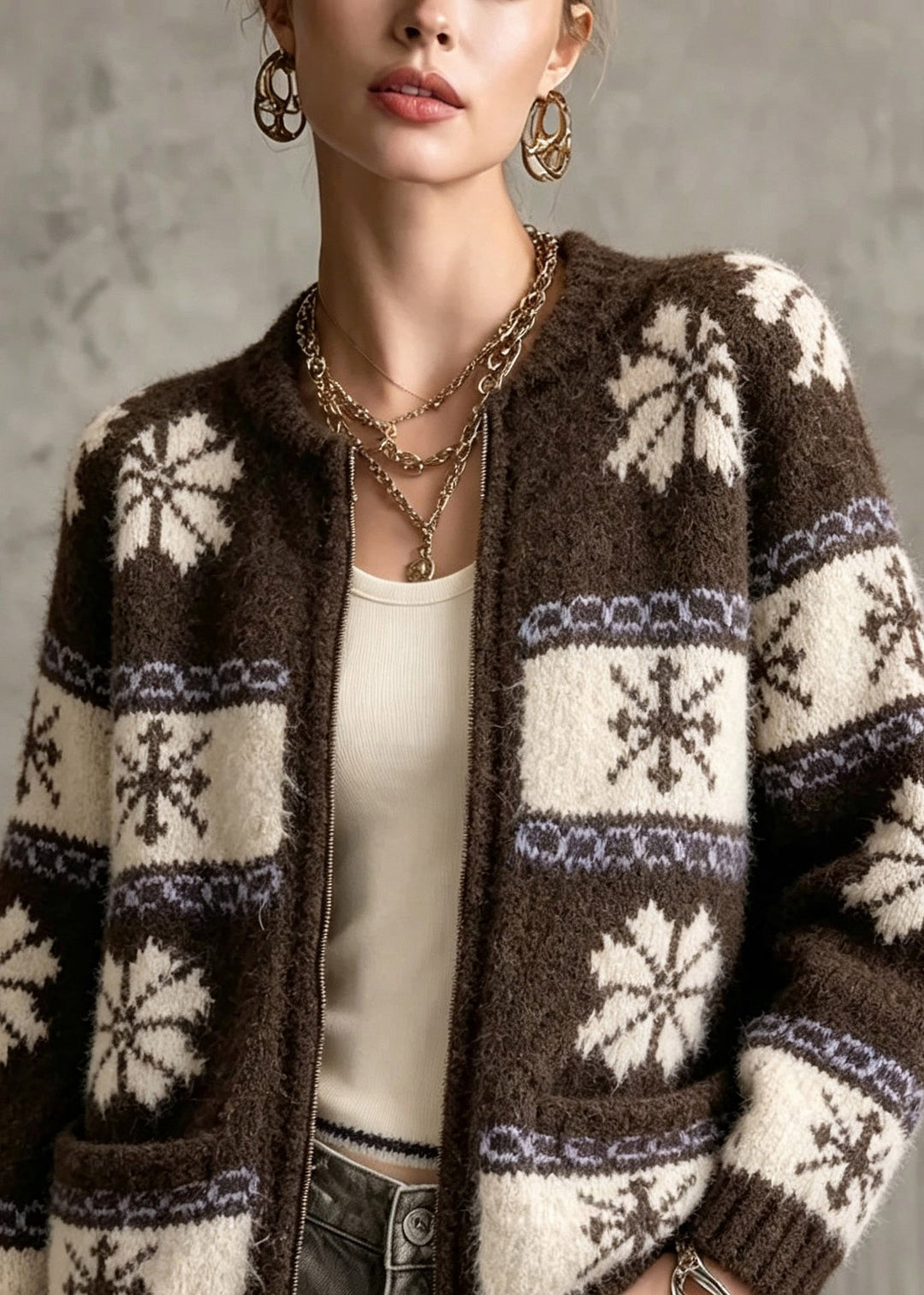 Fitted Brown Print Button Cotton Knit Cardigans Fall