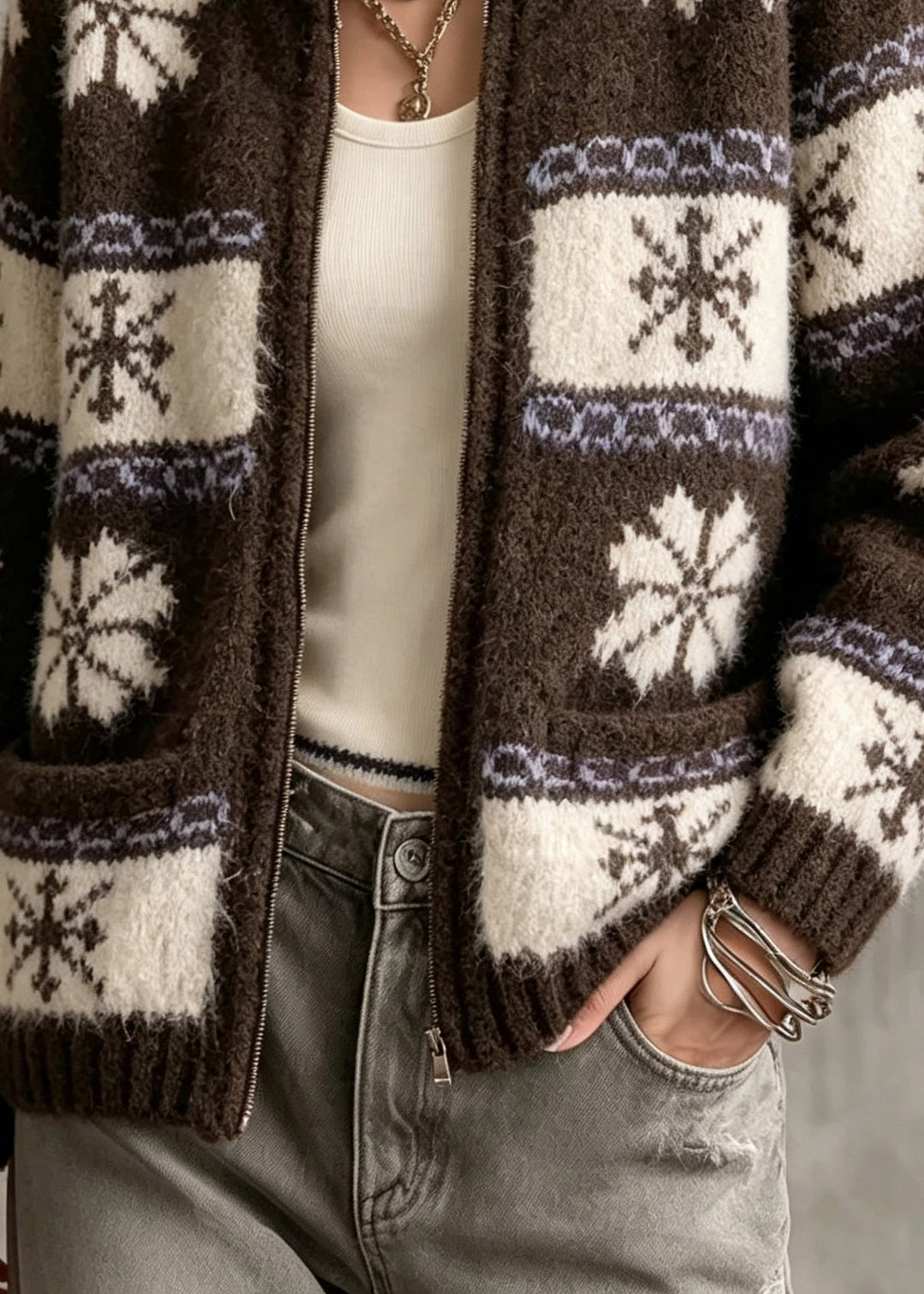 Fitted Brown Print Button Cotton Knit Cardigans Fall