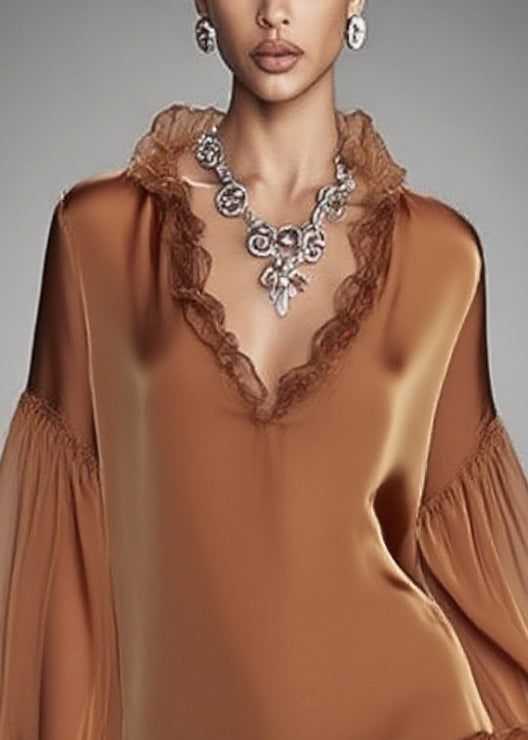 Fitted Brown Ruffled Patchwork Chiffon Vacation Dress Spring