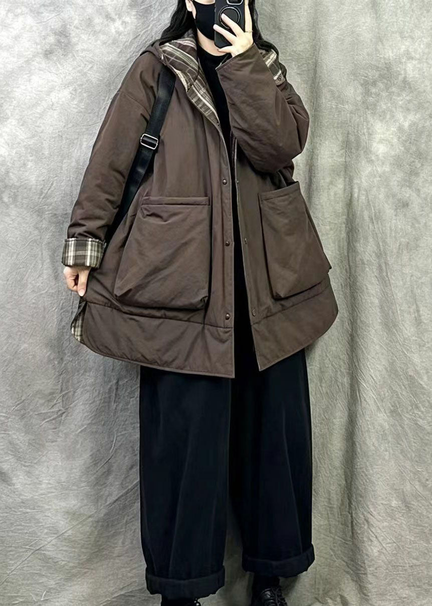 Fitted Brown Wear On Both Sides Pockets Fine Cotton Filled Hooded Coats Winter