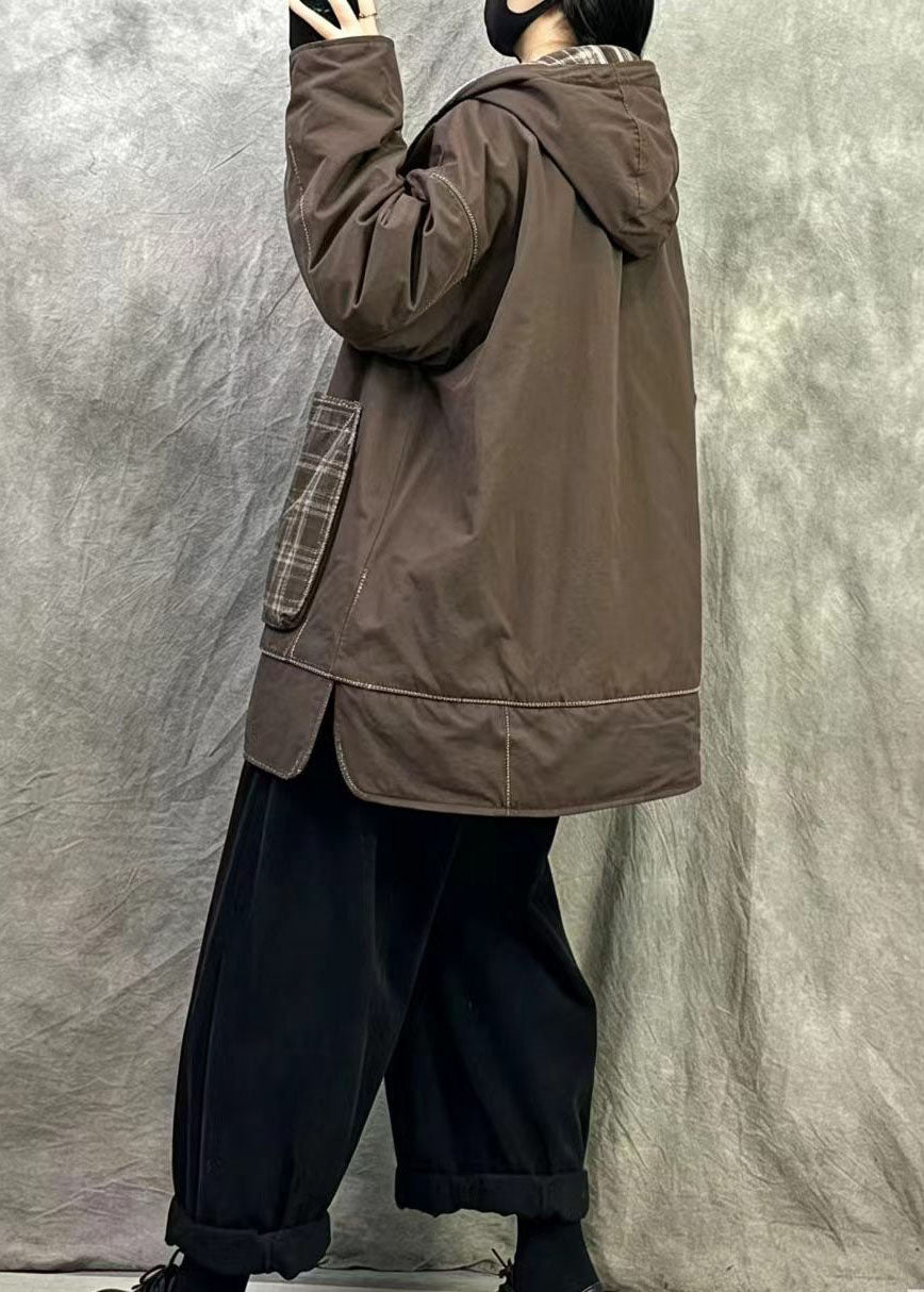 Fitted Brown Wear On Both Sides Pockets Fine Cotton Filled Hooded Coats Winter