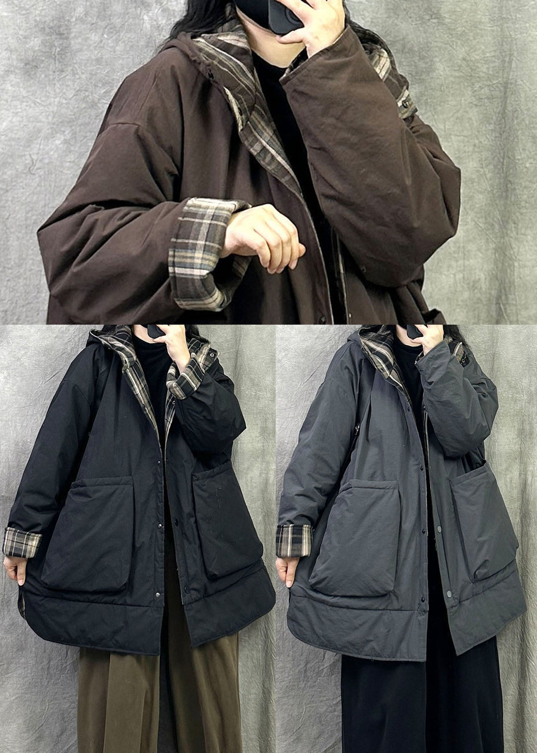 Fitted Brown Wear On Both Sides Pockets Fine Cotton Filled Hooded Coats Winter
