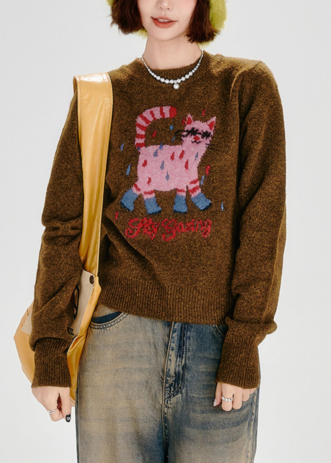 Fitted Caramel Embroidered Dog Thick Knit Sweater Tops Winter