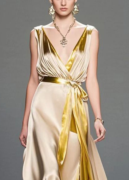 Fitted Champagne V Neck Draping Silk Vestidos Dress Sleeveless