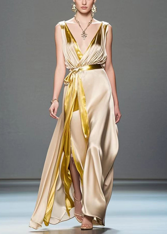 Fitted Champagne V Neck Draping Silk Vestidos Dress Sleeveless