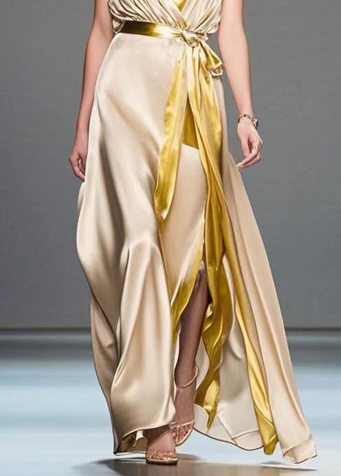 Fitted Champagne V Neck Draping Silk Vestidos Dress Sleeveless