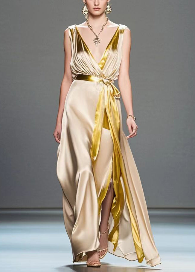 Fitted Champagne V Neck Draping Silk Vestidos Dress Sleeveless