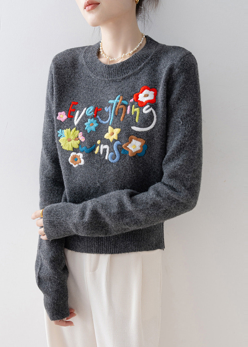 Fitted Charcoal Grey Embroidered Thick Knit Short Sweater Winter