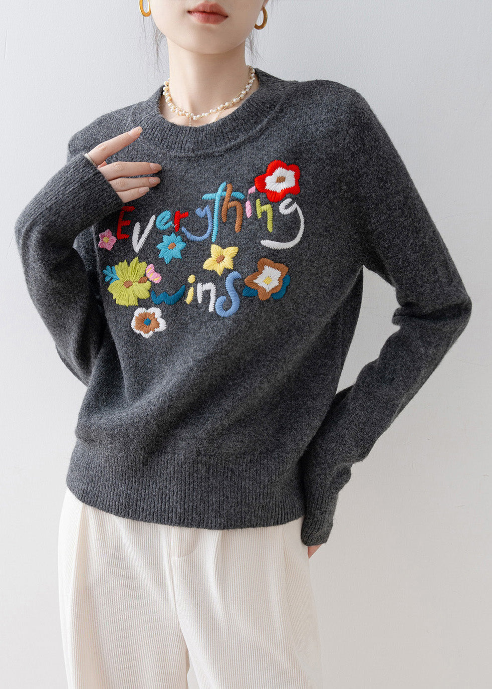 Fitted Charcoal Grey Embroidered Thick Knit Short Sweater Winter