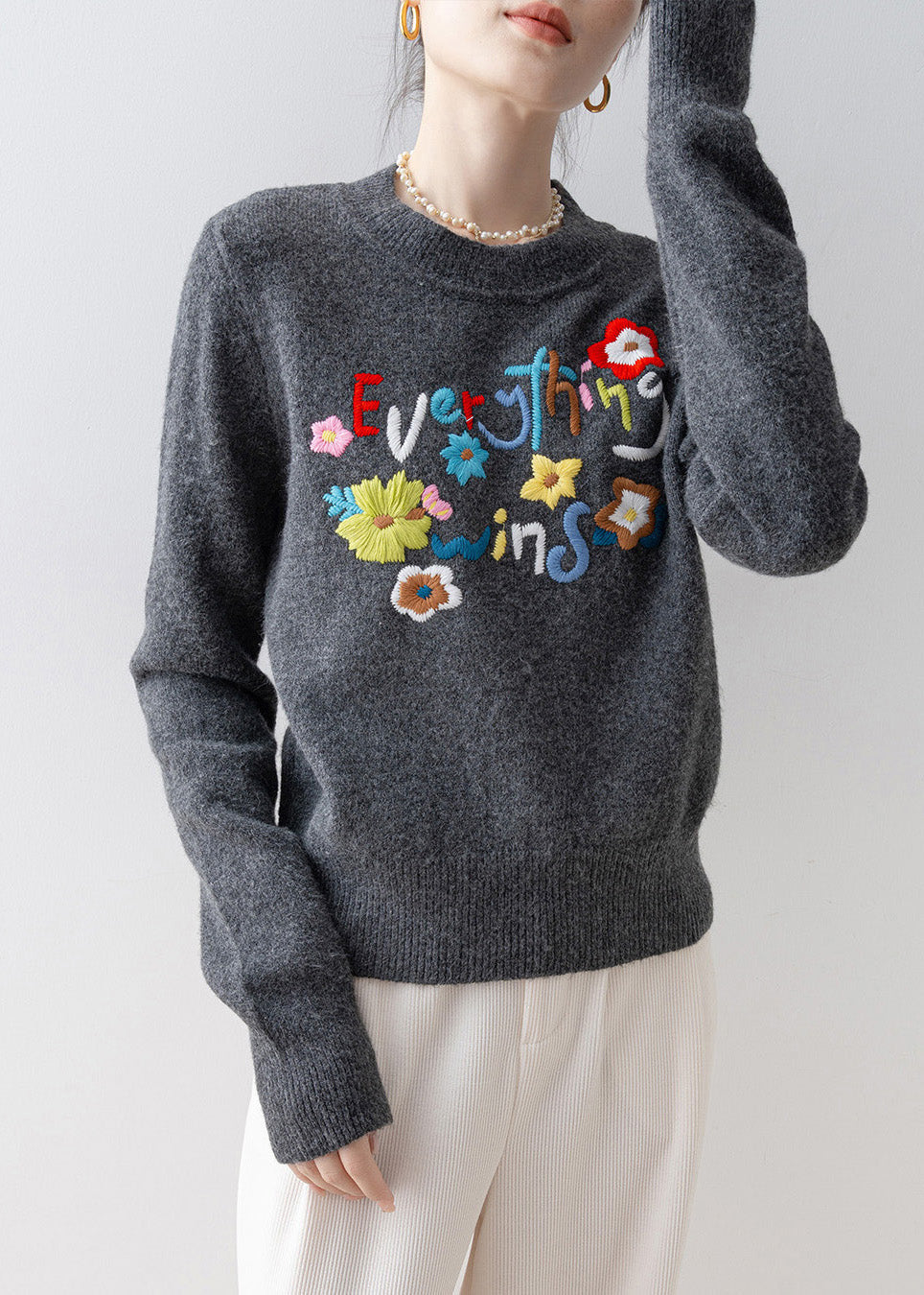 Fitted Charcoal Grey Embroidered Thick Knit Short Sweater Winter