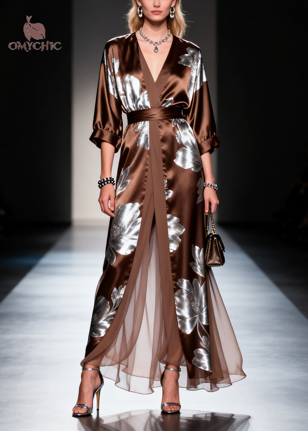 Fitted Chocolate Print Patchwork Silk Long Dress Summer