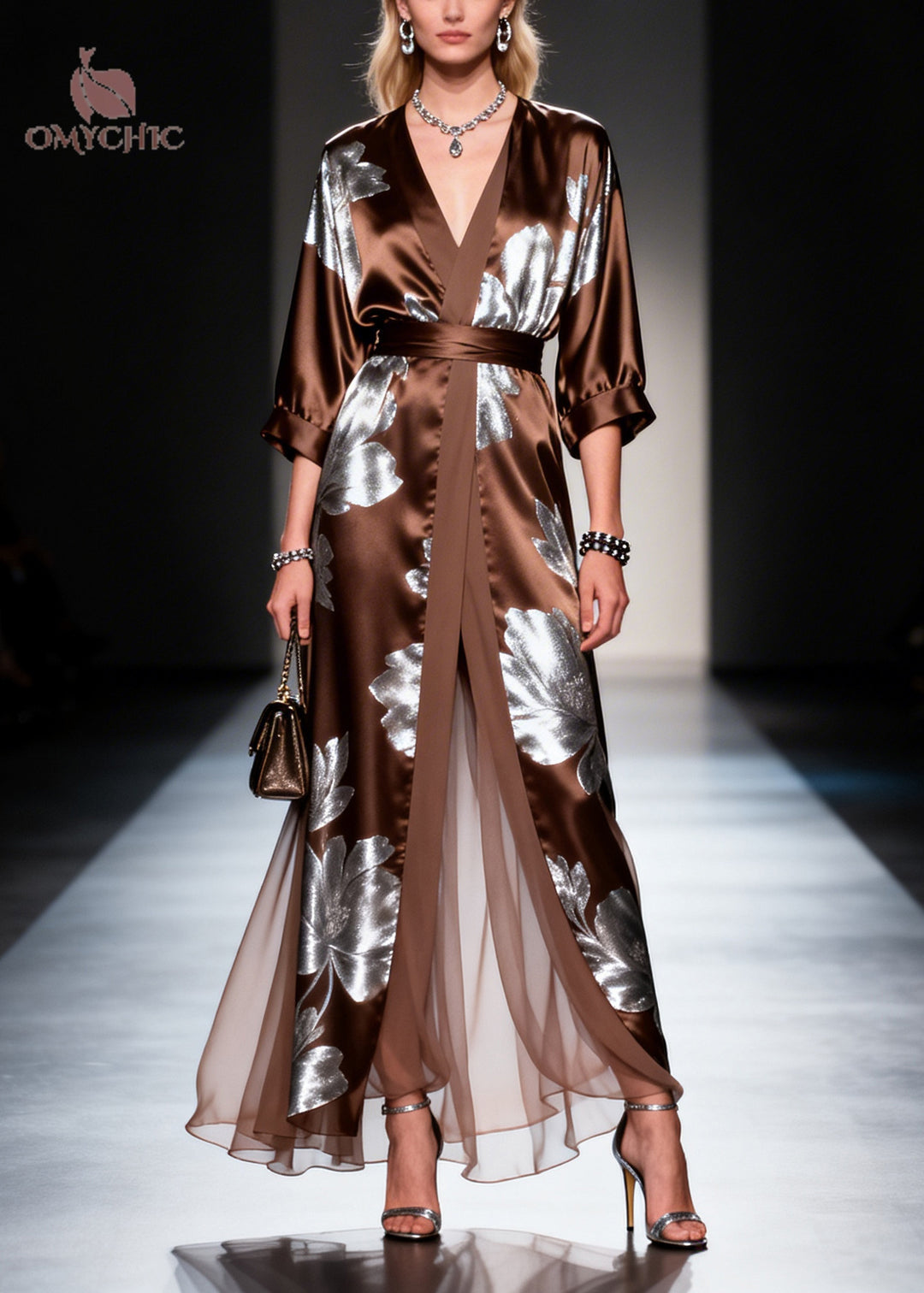 Fitted Chocolate Print Patchwork Silk Long Dress Summer