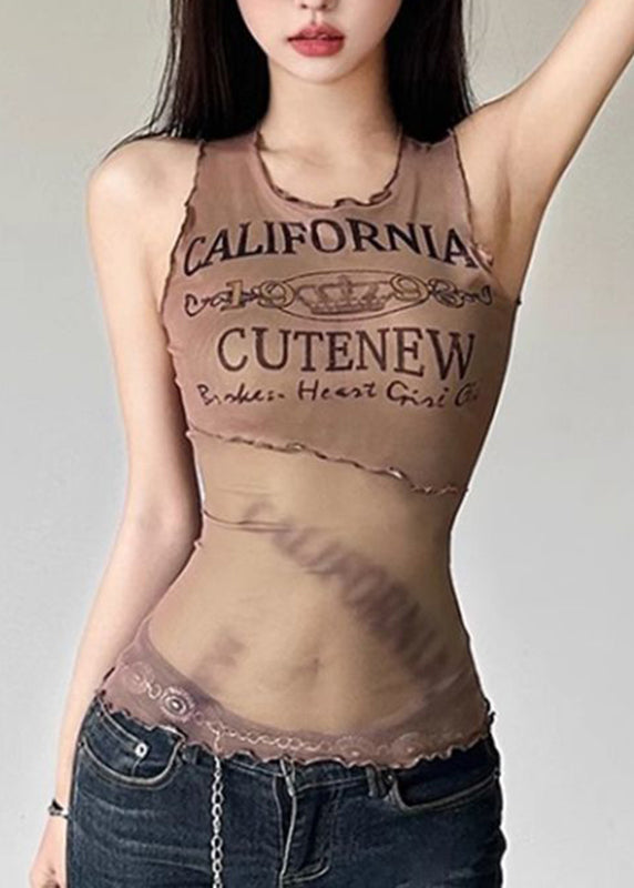 Fitted Coffee O-Neck Graphic Ruffled Tulle Tops Sleeveless