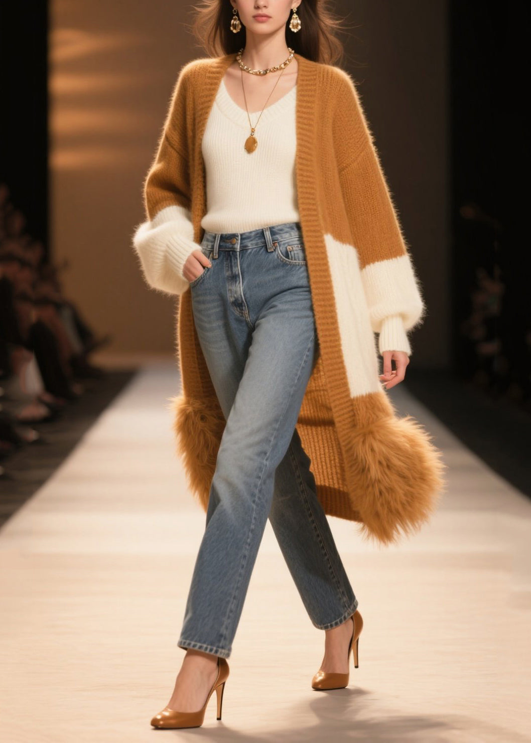 Fitted Coffee Oversized Patchwork Faux Fur Knit Long Cardigans Winter